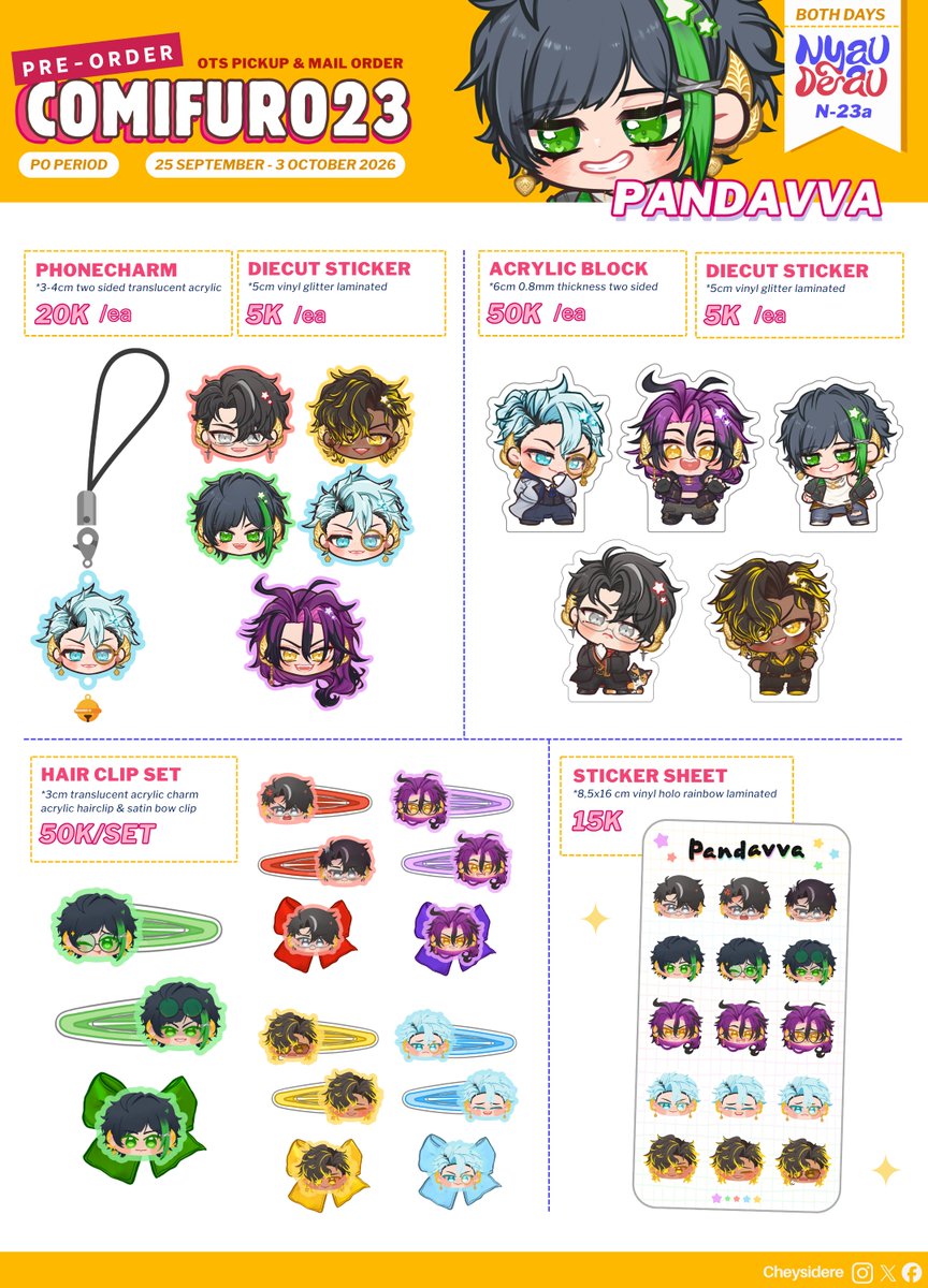 Cheysidere's tweet photo. [❤️&amp;🔄 appreciated]

Hi!! My PO Catalogue for #comifuro23 is here ><

PICKUP BOTH DAYS &amp; MAIL
🗓️close 3 Oct 2026
📍Nyau Deau (N-23a)
⭐️Pandavva, Gakuen Babysitters, Minky Momo, Princess Comet, Di Gi Charat, PRSK, Vocaloid, Icut &amp; Uba (ori)
🔗PO links↓

#CF23 #cf23catalogue (1/3) https://t.co/a8717Rl5FN