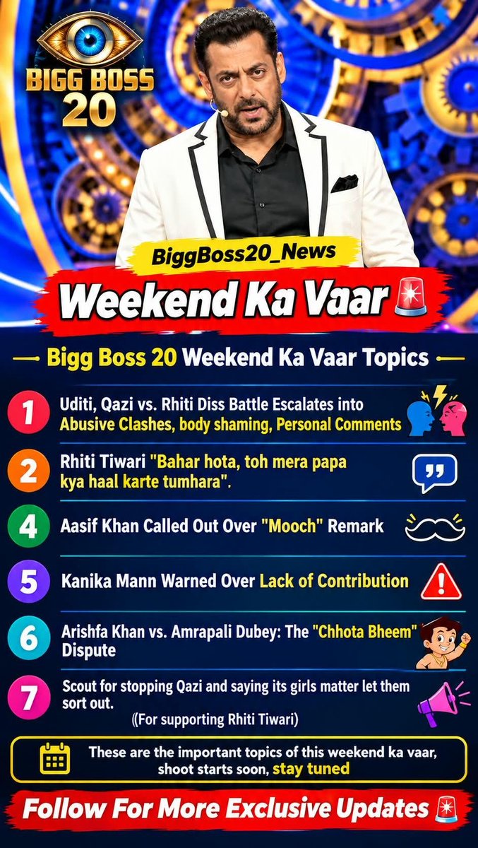BiggBosssSpy's tweet photo. Bigg Boss 20 Weekend Ka Vaar Topics

These are the important topics of this weekend ka vaar, shoot starts soon, stay tuned

#biggboss20 #bb20 #BiggBoss20Updates #weekendkavaar #SalmanKhan https://t.co/lHvyNRjnTU