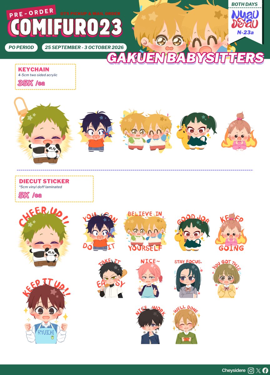 Cheysidere's tweet photo. [❤️&amp;🔄 appreciated]

Hi!! My PO Catalogue for #comifuro23 is here ><

PICKUP BOTH DAYS &amp; MAIL
🗓️close 3 Oct 2026
📍Nyau Deau (N-23a)
⭐️Pandavva, Gakuen Babysitters, Minky Momo, Princess Comet, Di Gi Charat, PRSK, Vocaloid, Icut &amp; Uba (ori)
🔗PO links↓

#CF23 #cf23catalogue (1/3) https://t.co/a8717Rl5FN