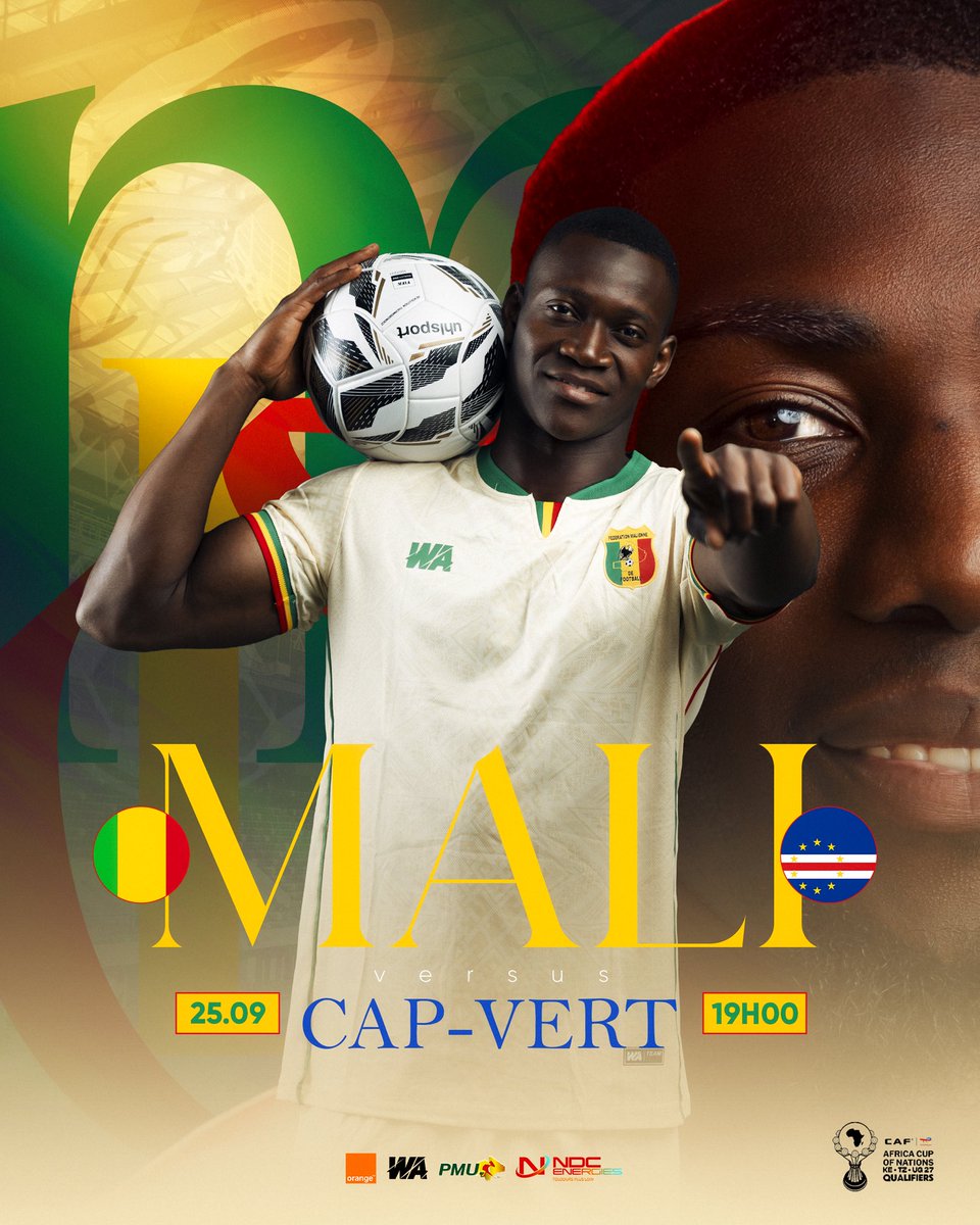 Equipesdumali's tweet photo. 🚨 JOUR DE MATCH ! 🔥
Le Mali affronte le Cap-Vert pour son entrée en lice dans les qualifications de la CAN 2027 à la maison 🏠
Mali 🇲🇱 🆚 Cap-Vert 🇨🇻
📍Stade du 26 mars | Bamako
🕰️ 19 H GMT
#ABoraMaliLa
#MALICAPVERT
#EquipesduMali
#AFCONQ2027 https://t.co/TdbLb0M8LK