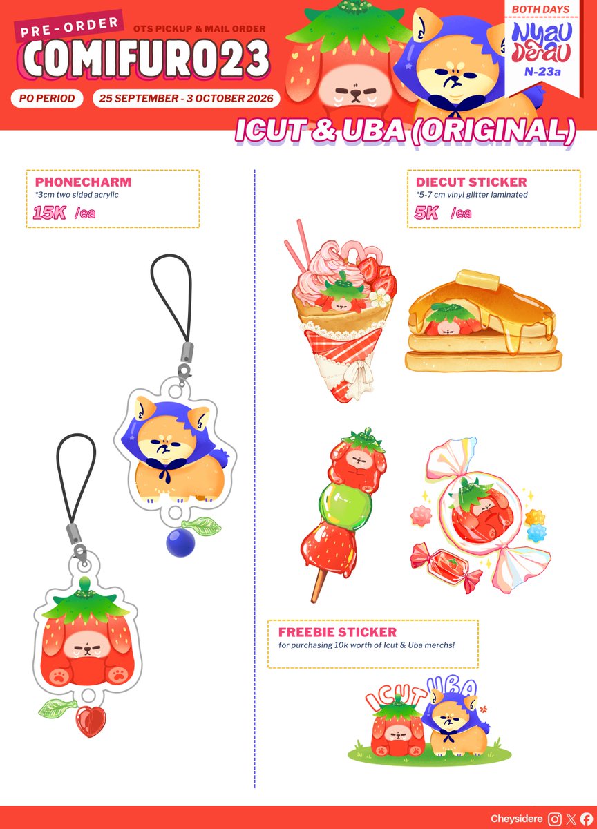 Cheysidere's tweet photo. [❤️&amp;🔄 appreciated]

Hi!! My PO Catalogue for #comifuro23 is here ><

PICKUP BOTH DAYS &amp; MAIL
🗓️close 3 Oct 2026
📍Nyau Deau (N-23a)
⭐️Pandavva, Gakuen Babysitters, Minky Momo, Princess Comet, Di Gi Charat, PRSK, Vocaloid, Icut &amp; Uba (ori)
🔗PO links↓

#CF23 #cf23catalogue (1/3) https://t.co/a8717Rl5FN
