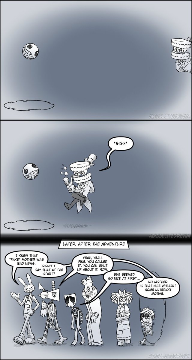 _AbsoluteDream_'s tweet photo. Something is up with Pomni and she withdrawals herself a bit. Others notice and begin to worry. Except Jax. Jax isn't worried. Not at all.

Comic Thread (2/19)
#TADC #Jax #pomni #funnybunny https://t.co/VulUutIOma