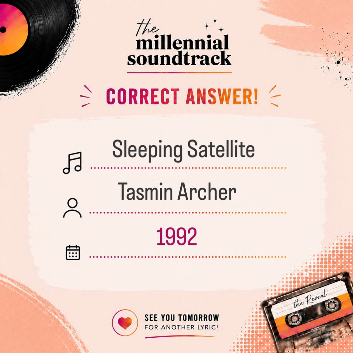 MableWaynick's tweet photo. Yesterday morning’s reveal: “Sleeping Satellite” by Tasmin Archer. Did you guess it right? Share your answer in the comments. If not, don’t worry—come back tonight for another lyric challenge and last night’s reveal. https://t.co/lwYsM2ZEab