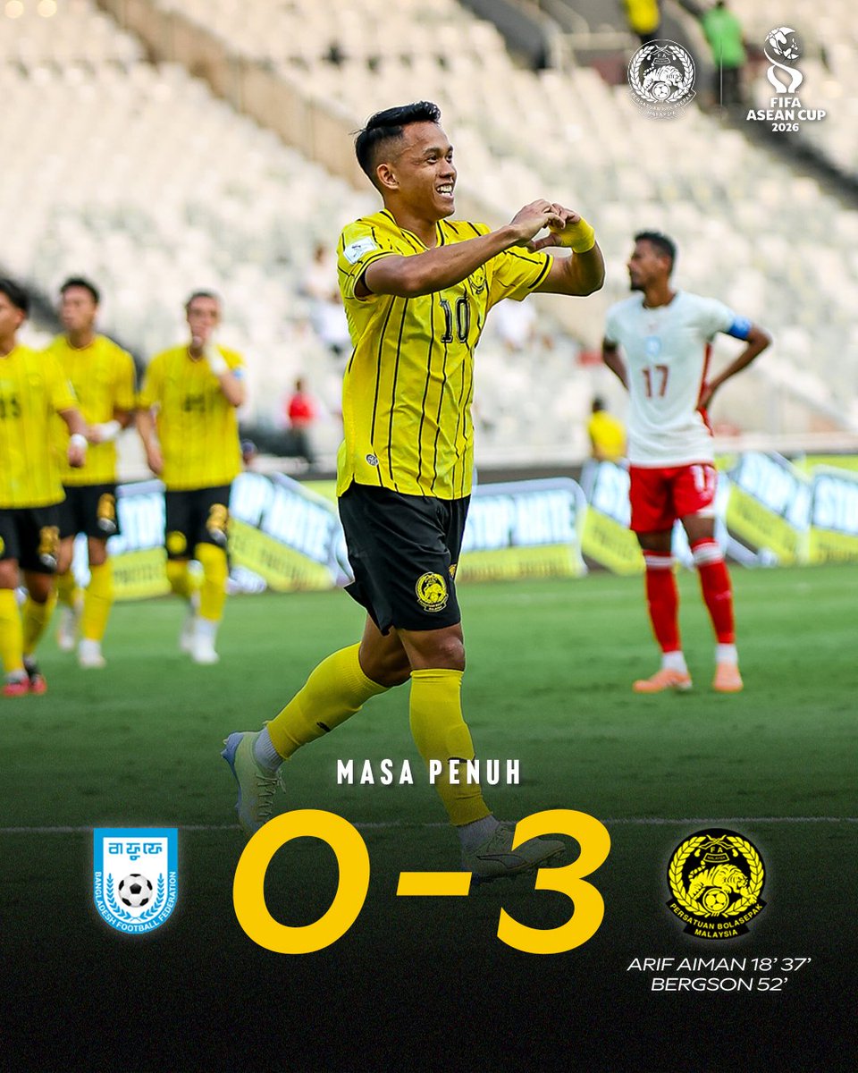 malaysia_nt's tweet photo. Keputusan Masa Penuh

Kumpulan A • Piala ASEAN FIFA 2026
Jumaat, 25 September 2026

BANGLADESH 🇧🇩 0-3 🇲🇾 MALAYSIA

⚽️ Arif Aiman Hanapi 18' 37' Bergson Da Silva 52' 

#FAM #HarimauMalaya 
#FIFAASEANCup https://t.co/Eqx6S9saQR