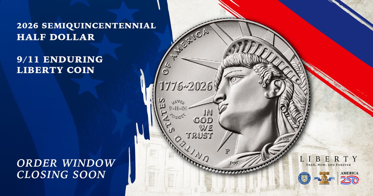 usmint's tweet photo. ⏳ Order Window Closing Soon! The Enduring Liberty Half Dollar—featuring the privy mark “9-11-01” and “NEVER FORGET”—is on pre-sale through 9/25 at 3pm. Order yours today! https://t.co/O4Dh1pmyC1 https://t.co/3FplSt3JCv