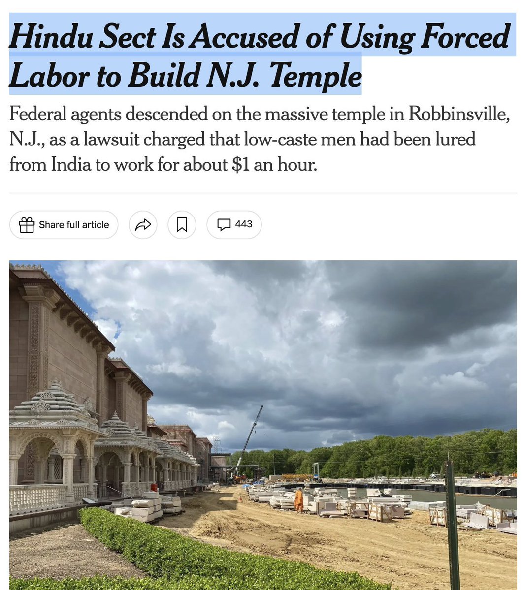 Pratyusha's tweet photo. Indian Hindu sect under US probe for exploitation of Dalit workers (oppressed Hindu castes) at NJ temple.

Lured from India on religious visas as "skilled artisans". Paid ~$1/hr. Worked 13+ hrs/day. Lived on lentils & potatoes. Confined to site.

FBI, DHS & Labor raided the Robbinsville temple. Lawsuit filed.