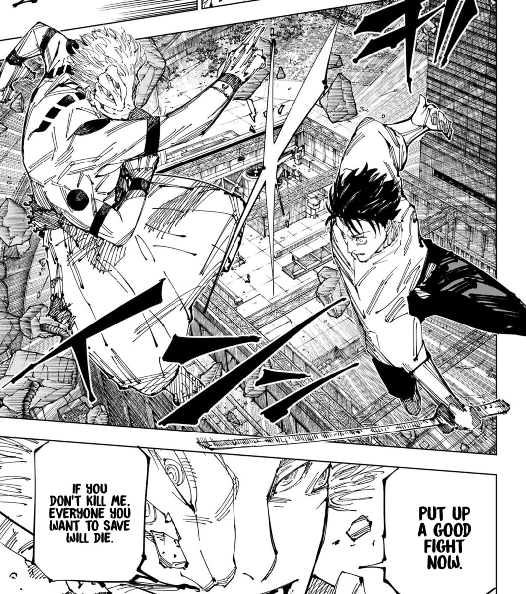 Noah70782428485's tweet photo. Moments like this, where Sukuna genuinely urges Yuta to give him his all and focus solely on killing him, before his fight, are what make him such a raw villain https://t.co/WFzbAmjV7I