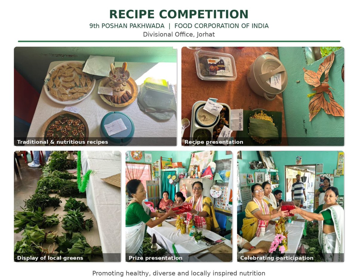 fcidojorhat's tweet photo. 🌿 9th Poshan Maah was celebrated on 25.09.2026 at 282 Ujoni Gozpuria Anganwadi Centre, Jalukanibari by the Food Corporation of India (FCI), Divisional Office, Jorhat, with a focus on promoting awareness about nutrition, healthy dietary practices and the importance of balanced food for children and the community.

The programme featured meaningful discussions and information exchange on nutrition, healthy eating habits and locally available nutritious foods. A hot and nutritious meal was also served to the little children and Anganwadi Karmis, highlighting the importance of adequate and wholesome nutrition during early childhood.

As part of the celebrations, a recipe competition was organised among the Anganwadi Karmis, showcasing traditional, locally inspired and nutritious recipes prepared using diverse ingredients and local greens. The competition provided an opportunity to promote creativity while emphasising the value of nutritious and locally available food.

🏆 Prizes were distributed to deserving participants in recognition of their enthusiastic participation and efforts.

The celebration reflected the collective commitment towards nutrition awareness, healthy food practices and the well-being of children and the community, in keeping with the objectives of Poshan Maah.

#PoshanMaah #FCI #FoodCorporationOfIndia #Jorhat #Nutrition #PoshanAbhiyaan #Anganwadi #HealthyNutrition #NutritionAwareness