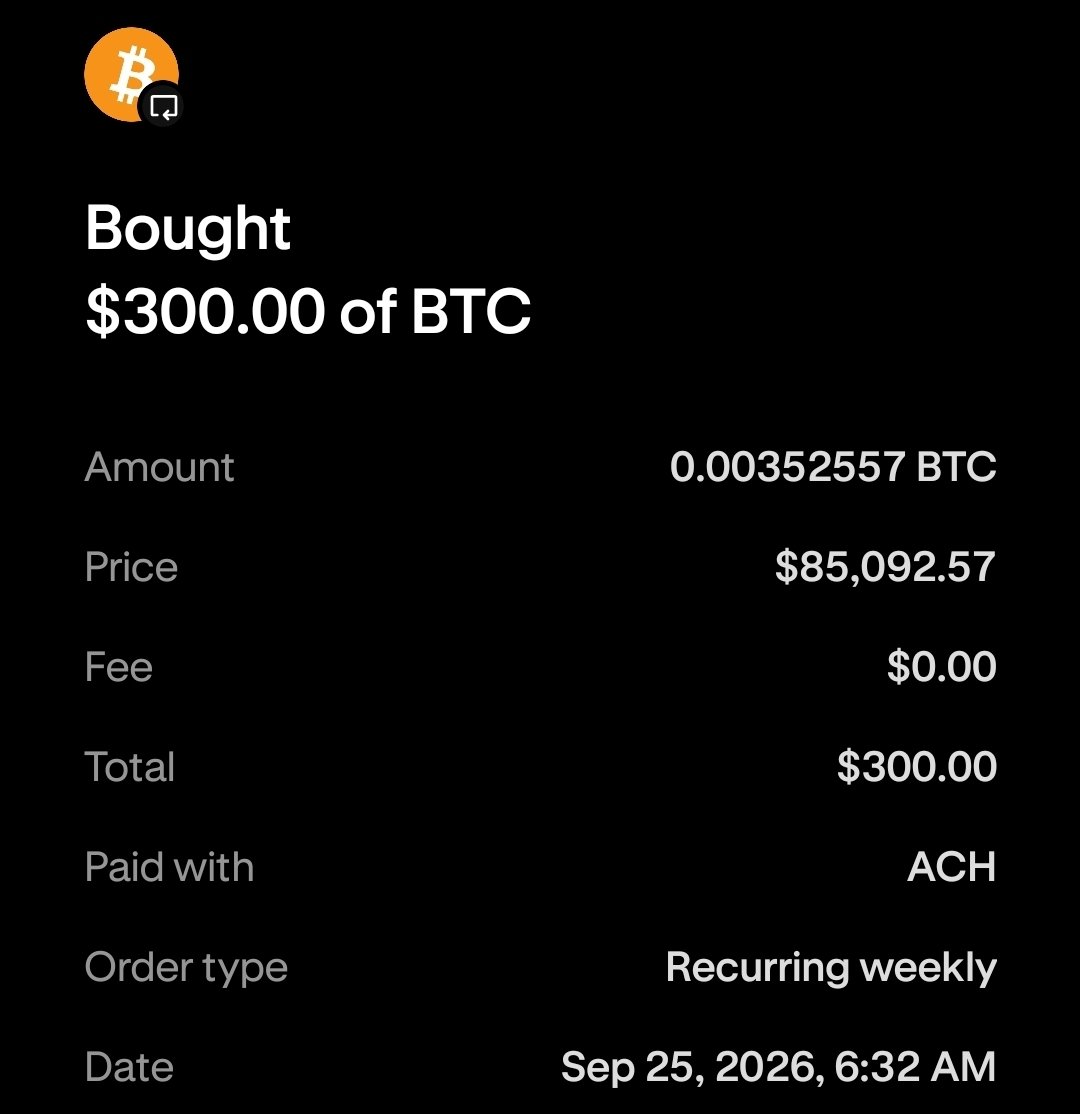 RogLabs's tweet photo. 0.25 of 1.000000.
A quarter of a whole coin, built $300 at a time. No timing, no lump sums.
The climb has one rule: buy every week. Next stop: a whole coin. https://t.co/94T67I24p5