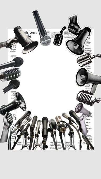 A collage of various vintage and modern microphones and megaphones arranged against newspaper-text backgrounds in black and white.