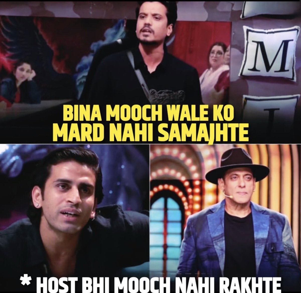 ShaanSufi's tweet photo. #Gullu may not be the most vocal, but when he speaks, he leaves an impact.🔥

#Aasif’s “bina moochh walon ko mard nahi samajhte” comment got an absolutely epic comeback from Gullu.😂 
Seems #Elvishyadav trained him good…
Pretty sure it will come up on #WeekendKaVaar
#BiggBoss20 https://t.co/KWtVZpwehn
