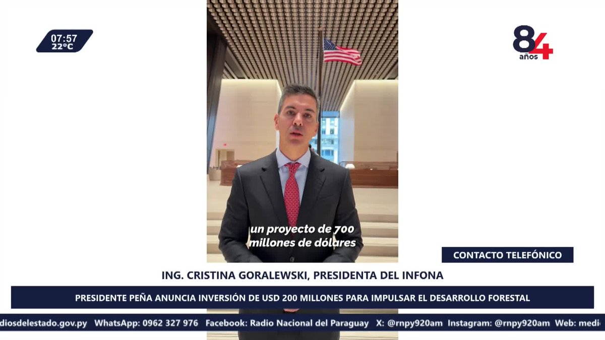 rnpy920am's tweet photo. #DuplexNacional Conversamos con la 🗣️ Ing. @cgoralewskih , presidenta del @InfonaPy 
🔹El Pdte @SantiPenap  anuncia inversión de USD 200 millones para impulsar el desarrollo forestal y la industrialización en Paraguay.  El proyecto lo desarrollará J.P. Morgan Natural Capital https://t.co/zfJzVrqhEo