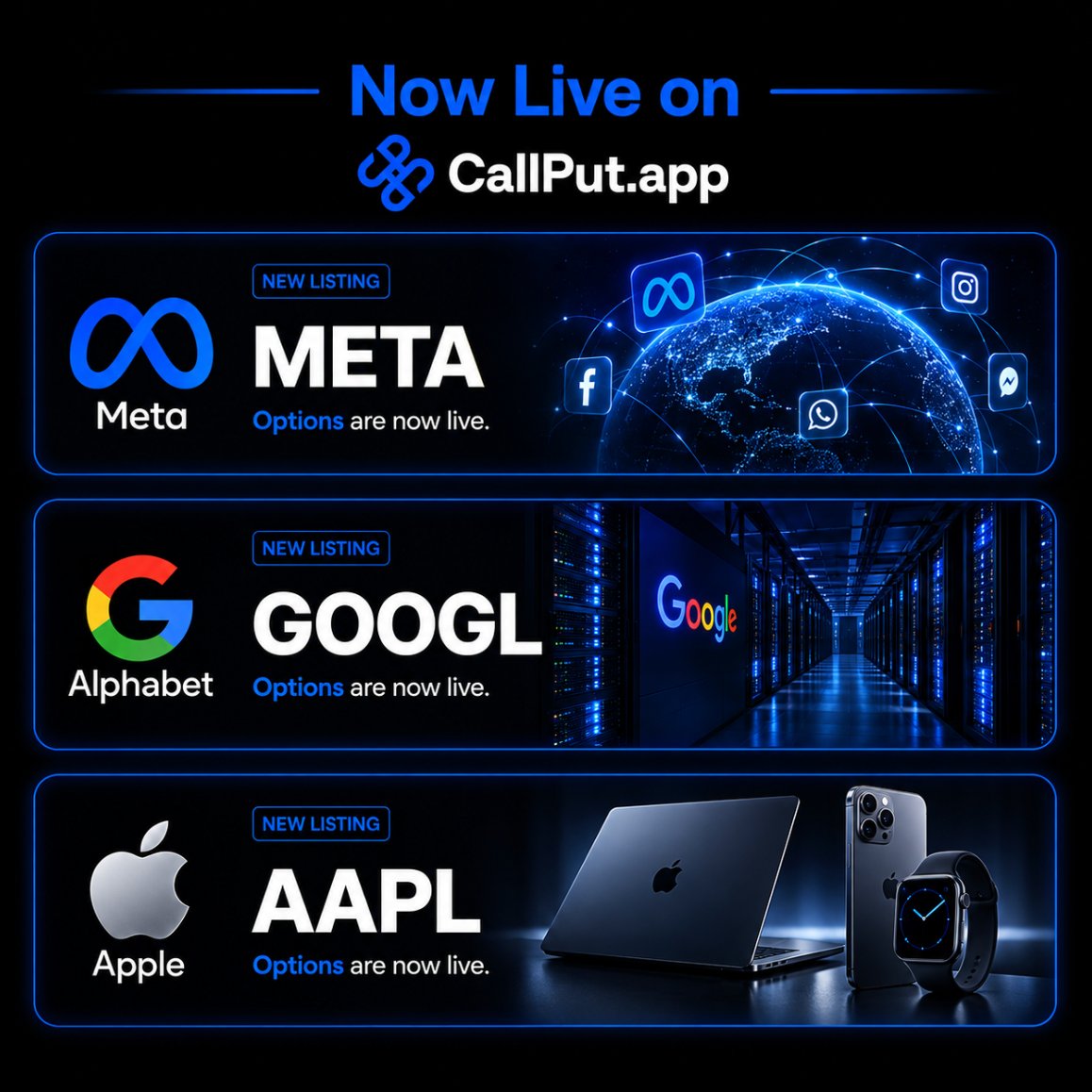 CallPutApp's tweet photo. We keep building 🚀 We keep listing 📈

7 new options markets are live on CallPut:
$META $GOOGL $AAPL $CRCL $AMZN $MSFT $PLTR 

More tickers. Bigger surprises ahead 🤫
We’re just getting started

P.S. The points system launches soon. But your points are already stacking 👀 https://t.co/cGH5jsnPs4