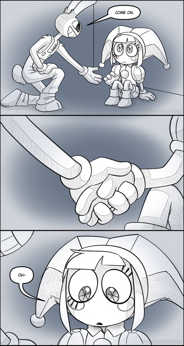 _AbsoluteDream_'s tweet photo. Something is up with Pomni and she withdrawals herself a bit. Others notice and begin to worry. Except Jax. Jax isn't worried. Not at all.

Comic Thread (19/19)
#TADC #Jax #pomni #funnybunny https://t.co/t4Qwn2Q2HK