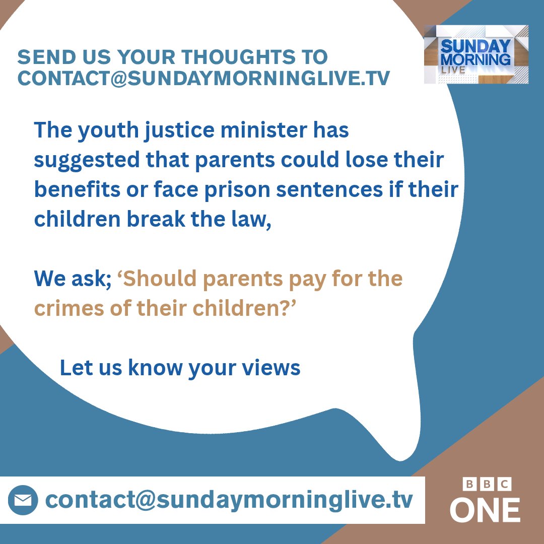 bbcsml's tweet photo. The youth justice minister has suggested that parents could lose their benefits or face prison sentences if their children break the law, we ask; ‘Should parents pay for the crimes of their children?’. Let us know your views https://t.co/9Mmv5cPHqF