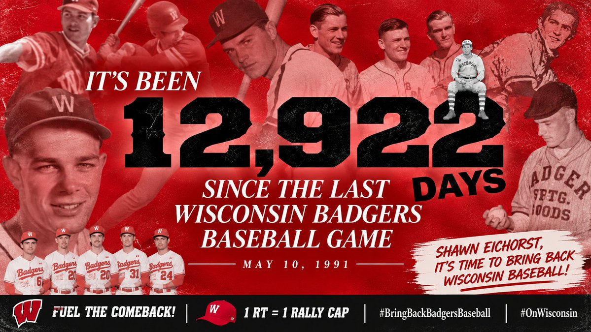 4BadgerBaseball's tweet photo. 12,922 days since the last Wisconsin Badgers baseball game.

Enough waiting. Let’s play ball.

Bring back Wisconsin baseball. ⚾️

🦡👐 1 RT = 1 Rally Cap 👐🦡

#BringBackBadgersBaseball #OnWisconsin https://t.co/irS5VFxmcE