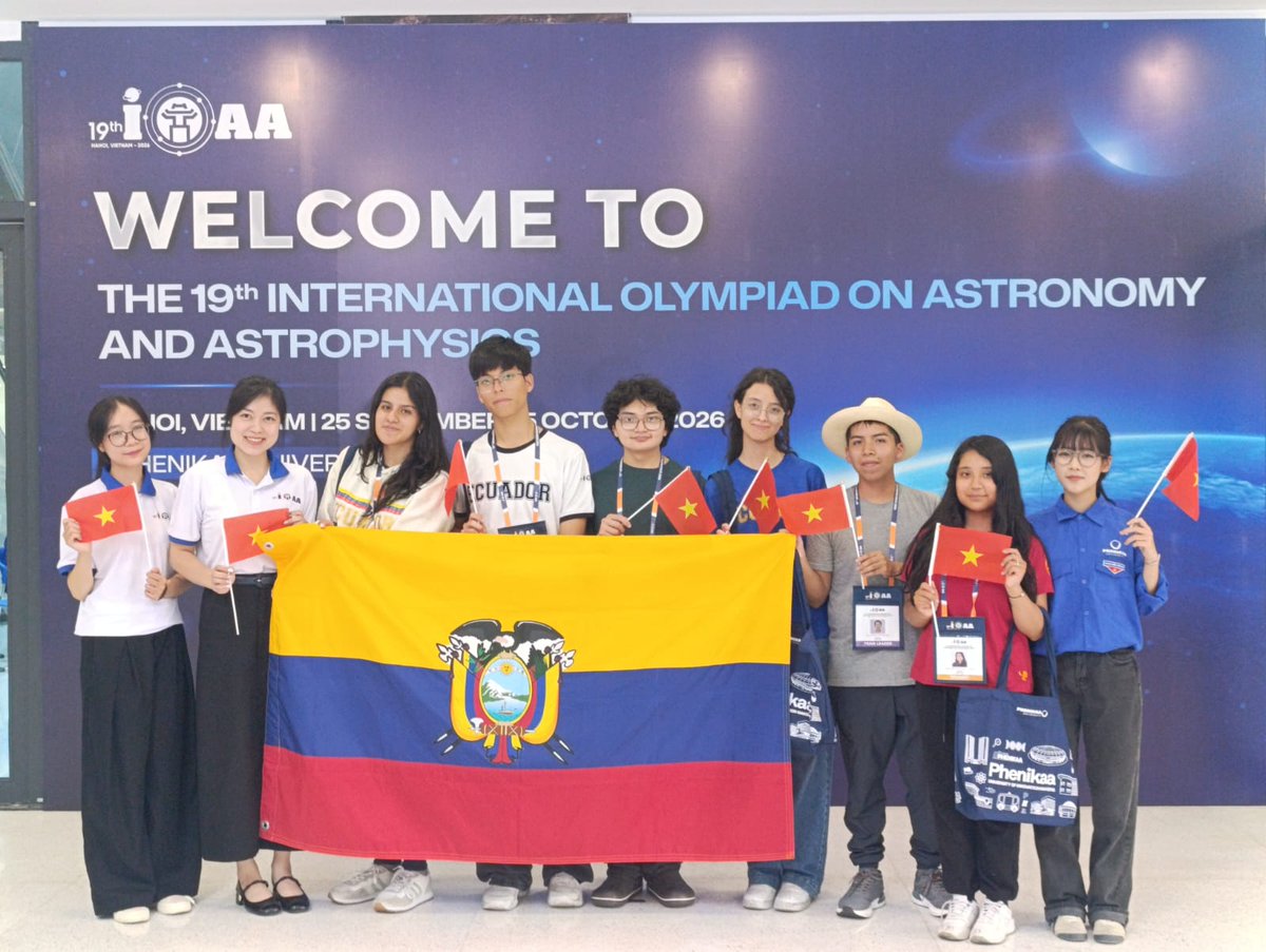 igm5_igm's tweet photo. 🇪🇨 Ecuador has arrived in Vietnam!

The Ecuadorian delegation has arrived in Hanoi to participate in the 19th International Olympiad on Astronomy and Astrophysics #IOAA2026. 🌌🔭

Wishing our young representatives the very best! 🇪🇨

#Ecuador #Hanoi #Vietnam #Astronomy #IOAA2026 https://t.co/mSv9wwwHWw