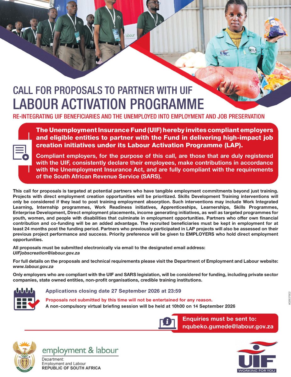 deptoflabour's tweet photo. CALL FOR PROPOSALS: LABOUR ACTIVATION PROGRAMME
Access the Labour Activation Programme Job Creation Guidelines and submission requirements here: 
https://t.co/QQqEge0tAD
#Yazini #ServicedeliveryZA #GovZAUpdates https://t.co/XdycMMmDLb