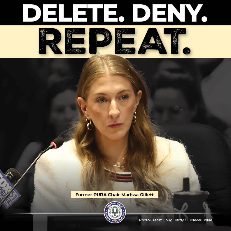 CTSenateGOP's tweet photo. Gov. Lamont reappointed Marissa Gillett to run PURA while families paid some of the nation's highest electric rates. Her own lawyers admitted she and her staff misled a judge about deleted texts. Senate Republicans walked out on her reappointment vote and stood with ratepayers. https://t.co/PKwIlX6cqK