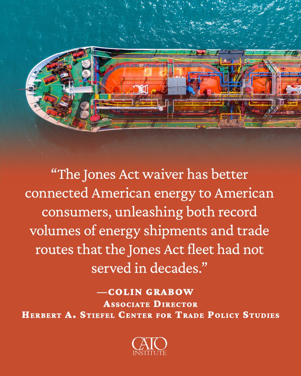 CatoInstitute's tweet photo. The Jones Act waiver has moved more energy than official numbers show, reports Cato’s @cpgrabow.

With the waiver set to expire in November, Congress should treat these results as a compelling case for more durable Jones Act reform.

https://t.co/sLUhrLPCvu https://t.co/fmiQMK7urF