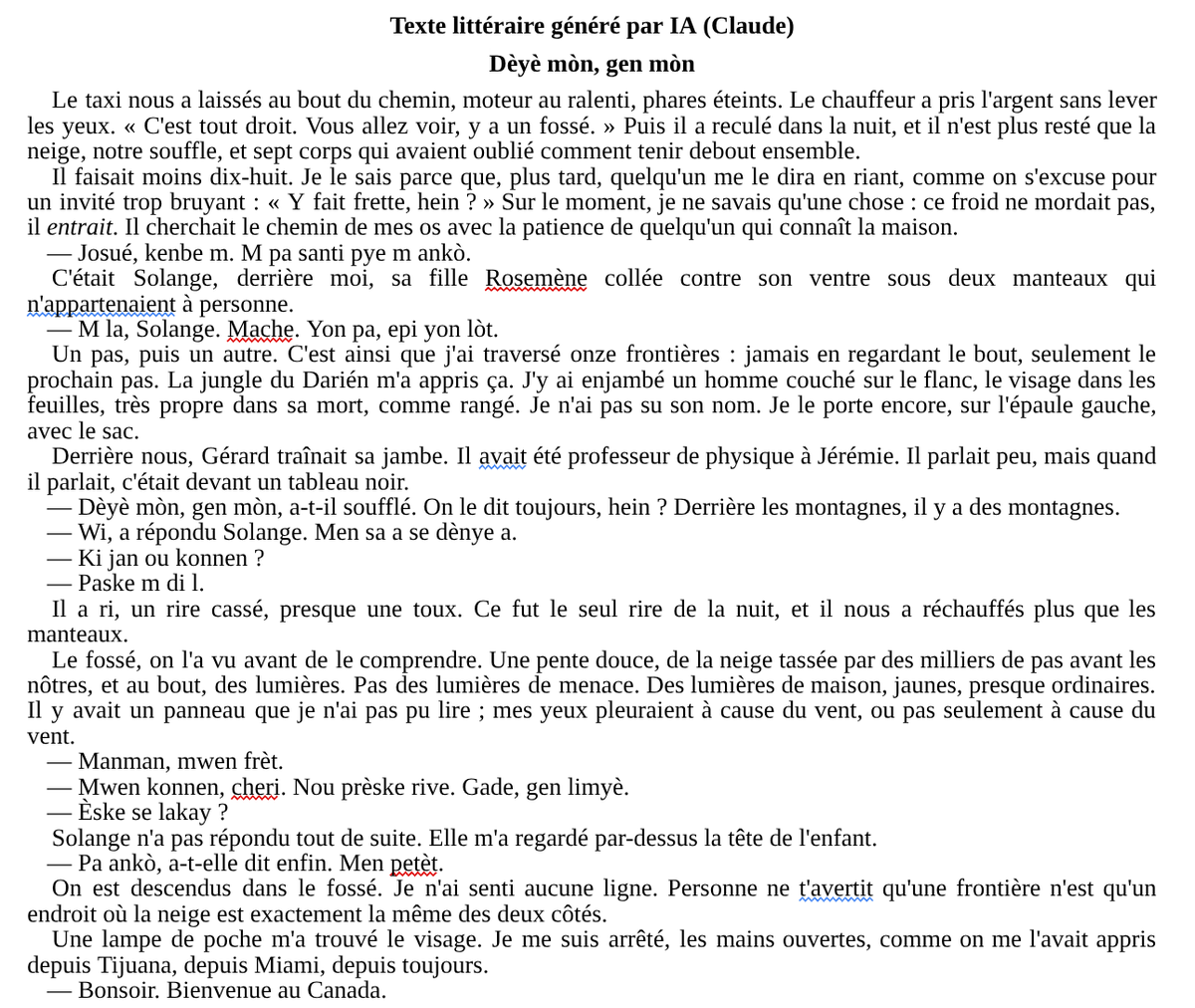 julienabady's tweet photo. @Fabien_Mikol @MonsieurPhi J’ai voulu tenter une expérience. J’ai voulu prendre au mot ceux qui disent “une IA ne peut pas faire ça”. Eh bien, jugez-en par vous même. Claude, un prompt, 5 minutes, sans retouche. Les échos avec le chapitre équivalent du livre incriminé sont sidérants... https://t.co/hvn7hLQNOn