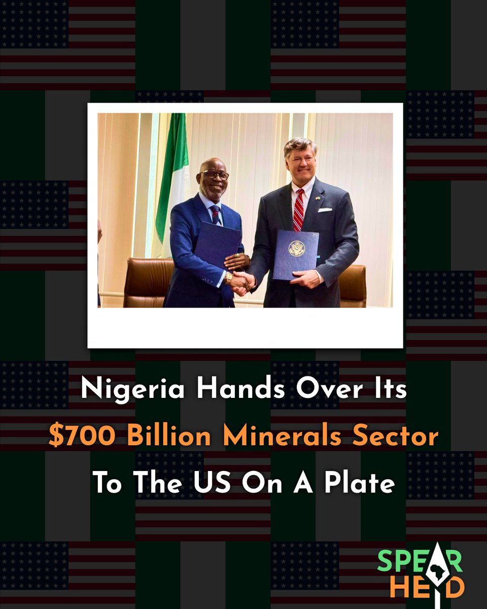 Spearhead_Af's tweet photo. Nigeria Hands Over Its $700 Billion Minerals Sector To The US On A Plate

11 days after its mainstream news outlets scrubbed a story about this very development off their websites – for as yet undetermined reasons – Nigeria has officially handed its $700 billion-estimated minerals sector to the US on a plate. The “memorandum of understanding (MoU)” was signed by Nigerian Minister of Solid Minerals Development, Dele Alake, and US Deputy Secretary of State, Christopher Landau, on the sidelines of the 81st UN General Assembly.

Just as the previously-deleted reports said it would be.

This “MoU” effectively gives the US free reign over Nigeria’s critical minerals, and comes at the tail-end of a series of events stretching from October 2025 to July 2026. First, the US peddled a false narrative of a “Christian g*nocide” in Nigeria. Then, the US dropped bombs on Northern Nigeria, under this false pretext. Then, the US deployed its troops to Nigeria, as its officials “recommended” that the West African country end its strategic relationships with China and Russia – two of its largest economic and defense partners – in exchange for US military “support”. Then, the US withdrew its troops, leaving Nigeria no safer. Then @terraindustries, a CIA-linked Nigerian defense tech startup, secured a $2 million deal to “protect lithium mining operations in Nigeria”.

All of this happened with the full knowledge and consent of the current Nigerian government, and here we are today. It will come as no surprise if the “Christian g*nocide in Nigeria” narrative disappears from the vocabulary of Washington in the coming weeks – like so many false pretexts before it. The US finally got what it was after all along.

The people of Nigeria would do well to see this theater production for what it always was, and take the necessary action to install a leadership that actually answers to them. The people of the Alliance of Sahel States (AES) did precisely this between 2021 and 2023, and the sky has yet to fall down.
