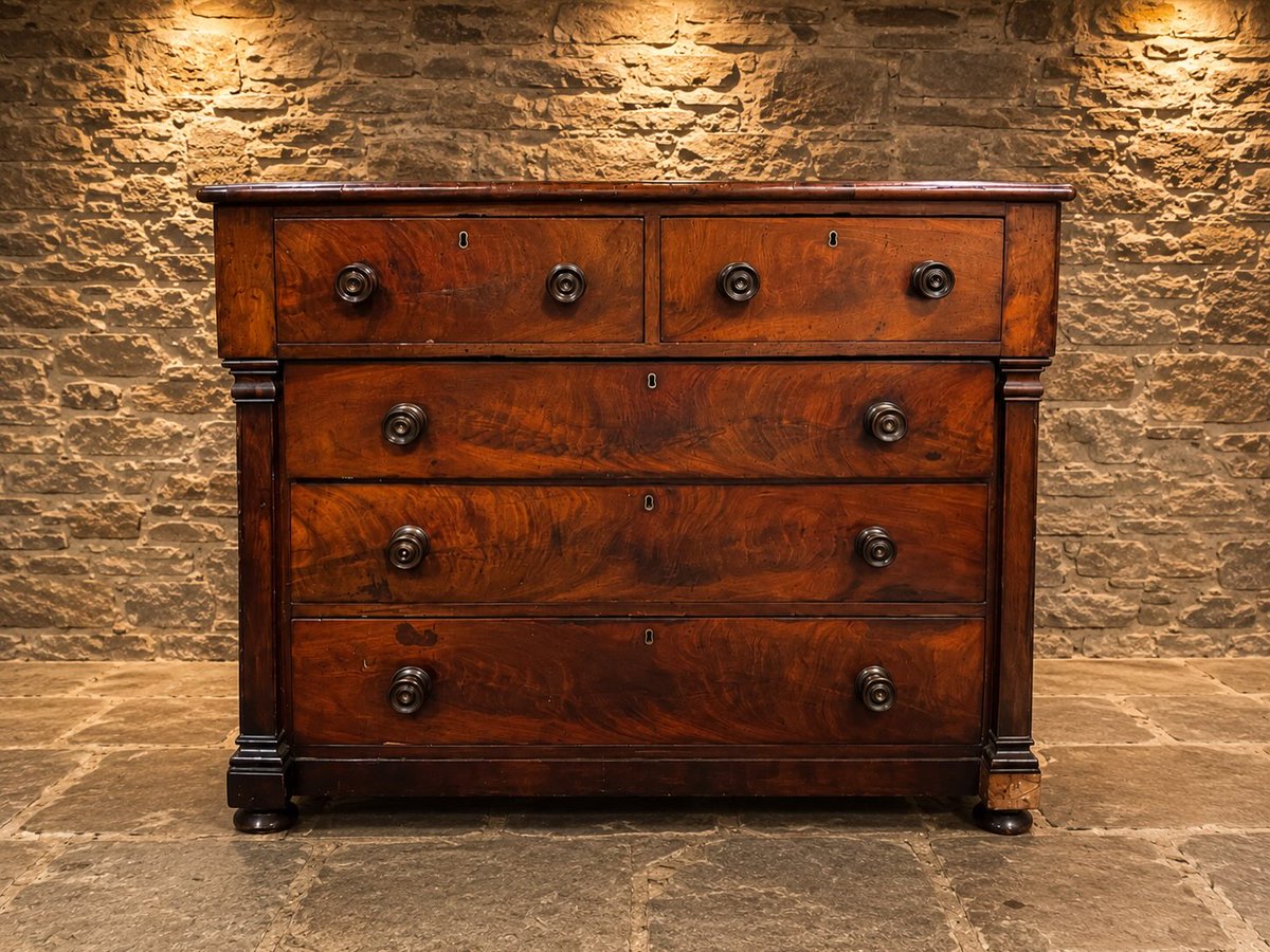 KaranVanmeter's tweet photo. A true Victorian antique, crafted circa 1840–1860 from beautifully figured burr walnut. With bookmatched veneers, original turned knobs and generous storage, this one-of-a-kind chest brings warmth, history and character to any home. https://t.co/GXD5oTMl9z