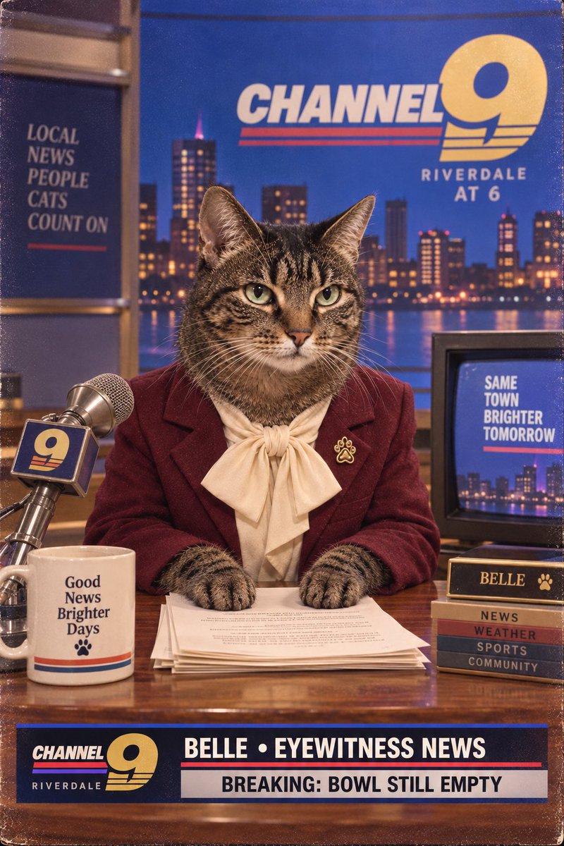 Bee305's tweet photo. BREAKING: Belle anchoring the 9 o'clock hour in honor of Dolly Parton 🎙️🐾 Tonight's top story: the bowl is still empty. Full story on Instagram 🔗 @bellerunsthings #DollyPartonAppreciationDay #9to5 https://t.co/uo7Ak6QqFx