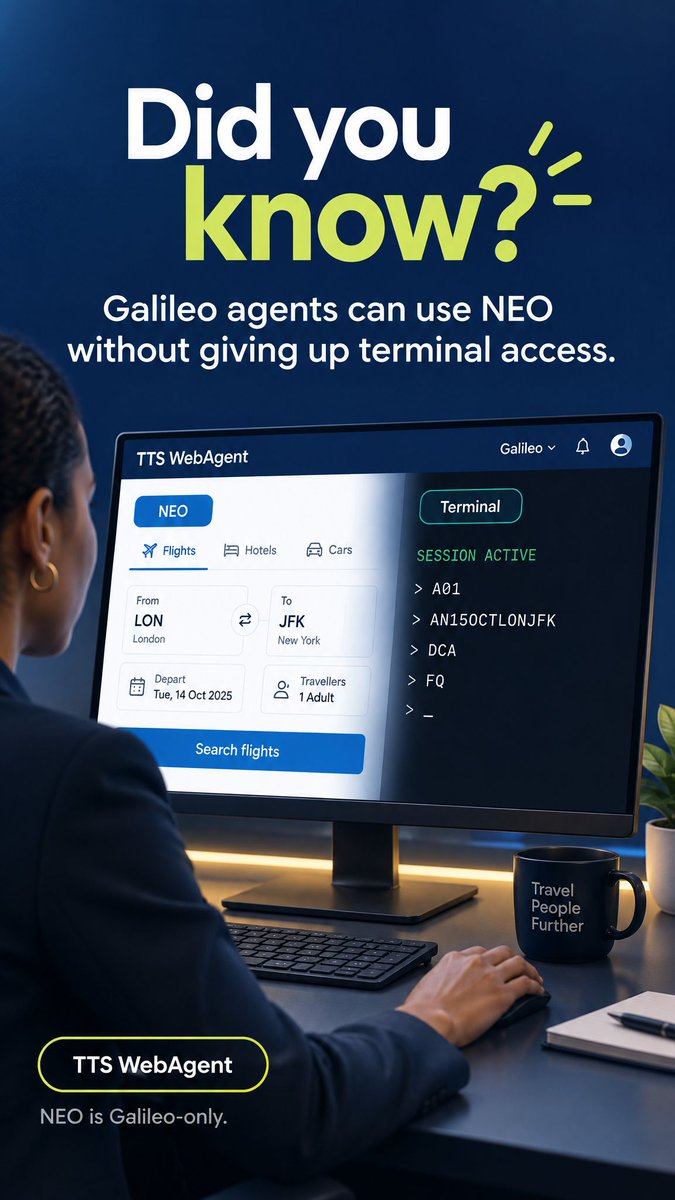 tts_travel's tweet photo. 💡 Did you know? Galileo agents can use NEO in TTS WebAgent while keeping full terminal access! 💻✈️

Switch between an intuitive interface and cryptic commands whenever you need.

Learn more at https://t.co/xt4CUjuo5j!

#TTSWebAgent #TravelTechnology #TravelAgents https://t.co/FoW7XQWMY7