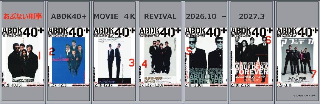 abdk40th's tweet photo. /⋰
横浜赤レンガ倉庫にて
ポスター&大型ロゴ掲示🎥
\⋱
⠀
2号館1階のフードコートガラスボックス席の壁面に、
「あぶない刑事」劇場版シリーズの4Kリバイバル上映作品のポスターや、タカ＆ユージのシルエットをデザインした「ABDK40＋プロジェクト」の大型ロゴを掲示‼️
⠀
撮影シーンを思い出しながら、ぜひ聖地で記念撮影を📸
⠀
期間：10月3日～10月18日
#あぶ刑事 #ABDK40