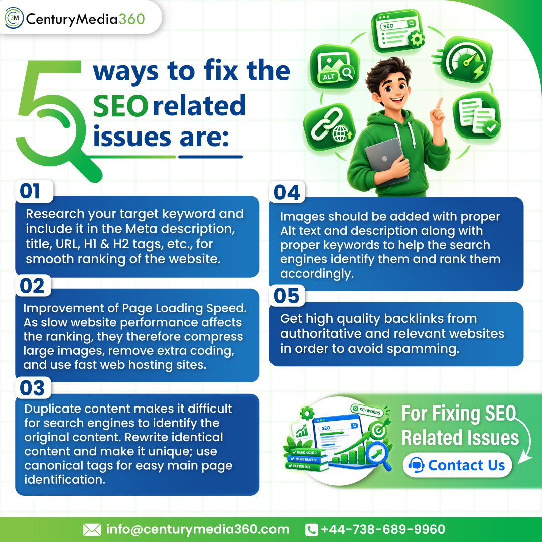 centurymedia360's tweet photo. Is your website struggling to rank?
Here are 5 practical ways to fix common #SEO issues and improve your website’s visibility. Read the infographic to learn more!
#SEOTips #DigitalMarketing #SearchEngineOptimization #WebsiteSEO #SEOOptimization #MarketingTips #CenturyMedia360 https://t.co/s8yb56V26E
