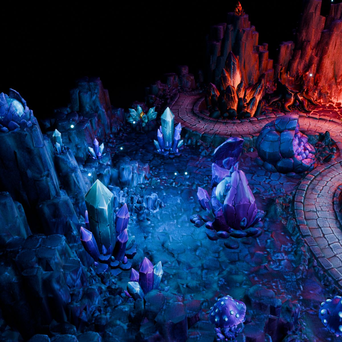PolyClem3D's tweet photo. Cool blue crystals, warm ember peaks. A winding path connects two moods in this Blender demo scene.

Explore the 37 static props in Arcane Flora &amp; Crystals:
https://t.co/dc0dkw1HBa

#GameDev #EnvironmentArt https://t.co/ItbmdPnY1S