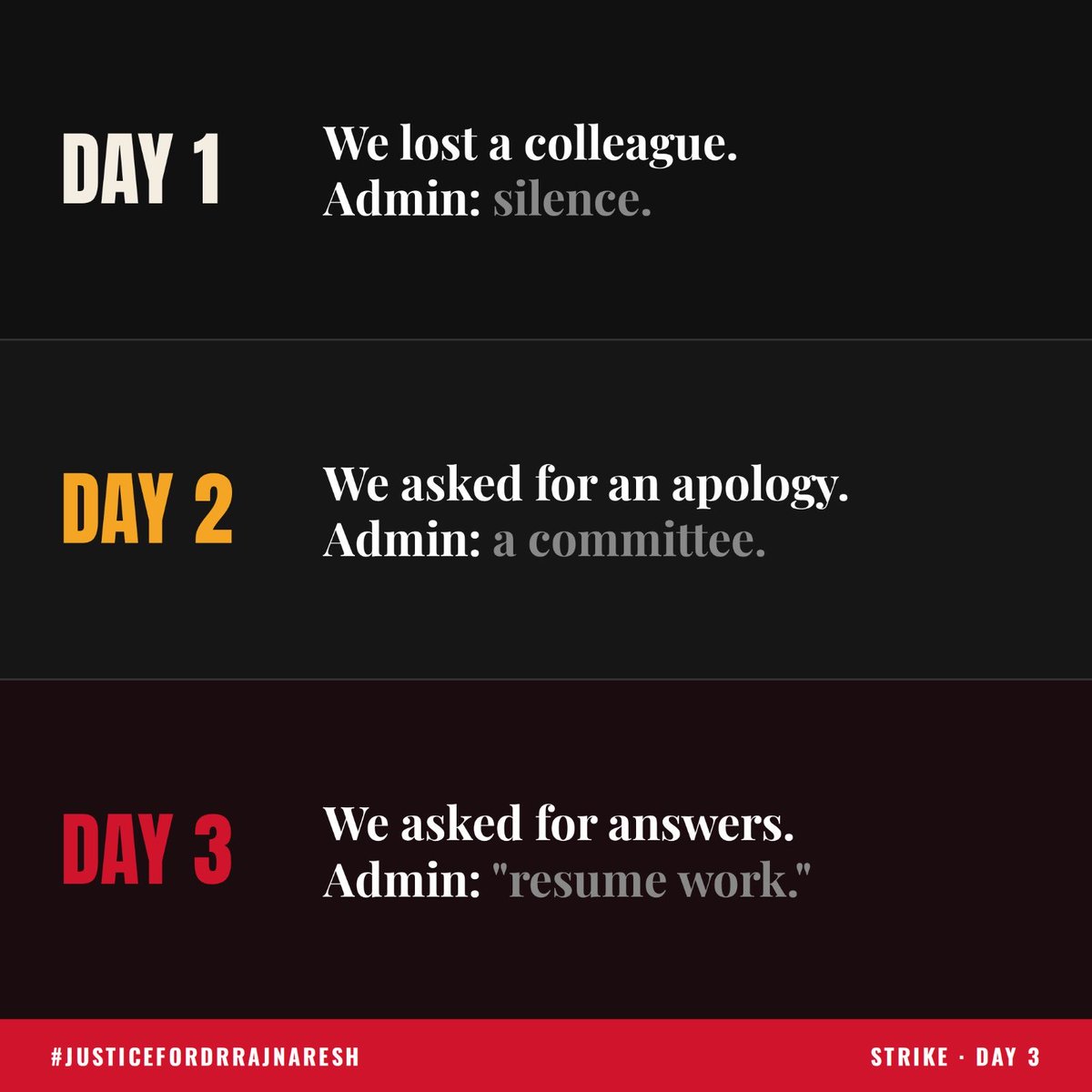 RDA_AIIMSJ's tweet photo. DAY 3 | AIIMS JODHPUR INDEFINITE STRIKE  
Day 1: We lost a colleague. Admin: Silence.
Day 2: We asked for an apology. Admin: A committee.
Day 3: We asked for answers. Admin: "Resume work."  
0 Apologies.
0 Answers.
0 Resignations.  
We are still here. We are not going anywhere until there is accountability.  
#JusticeForDrRajnaresh #AIIMSJodhpur #ResidencyIsNotSlavery #Stop36HourShifts #MedTwitter
@MoHFW_INDIA @OfficeofJPNadda @JPNadda @NMC_BHARAT @FORDAINDIA @FAIMA_INDIA_ @medicaldialogs @ANI @ThePrintIndia @PMOIndia @narendramodi