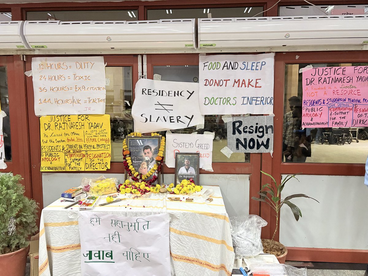 RDA_AIIMSJ's tweet photo. DAY 3 | AIIMS JODHPUR INDEFINITE STRIKE  
Day 1: We lost a colleague. Admin: Silence.
Day 2: We asked for an apology. Admin: A committee.
Day 3: We asked for answers. Admin: "Resume work."  
0 Apologies.
0 Answers.
0 Resignations.  
We are still here. We are not going anywhere until there is accountability.  
#JusticeForDrRajnaresh #AIIMSJodhpur #ResidencyIsNotSlavery #Stop36HourShifts #MedTwitter
@MoHFW_INDIA @OfficeofJPNadda @JPNadda @NMC_BHARAT @FORDAINDIA @FAIMA_INDIA_ @medicaldialogs @ANI @ThePrintIndia @PMOIndia @narendramodi