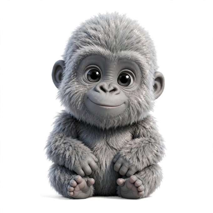 A 3D-rendered image of an adorable baby gorilla with gray fur, large expressive eyes, and a subtle smile, sitting against a white background.