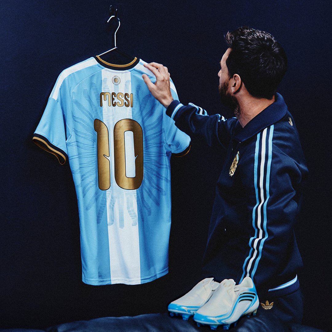 brfootball's tweet photo. Argentina and adidas drop a special edition Leo Messi collection, which includes a jersey they will wear during the legend’s farewell game against Benin on October 6 🇦🇷🌟 https://t.co/xyzVQd3Hgb
