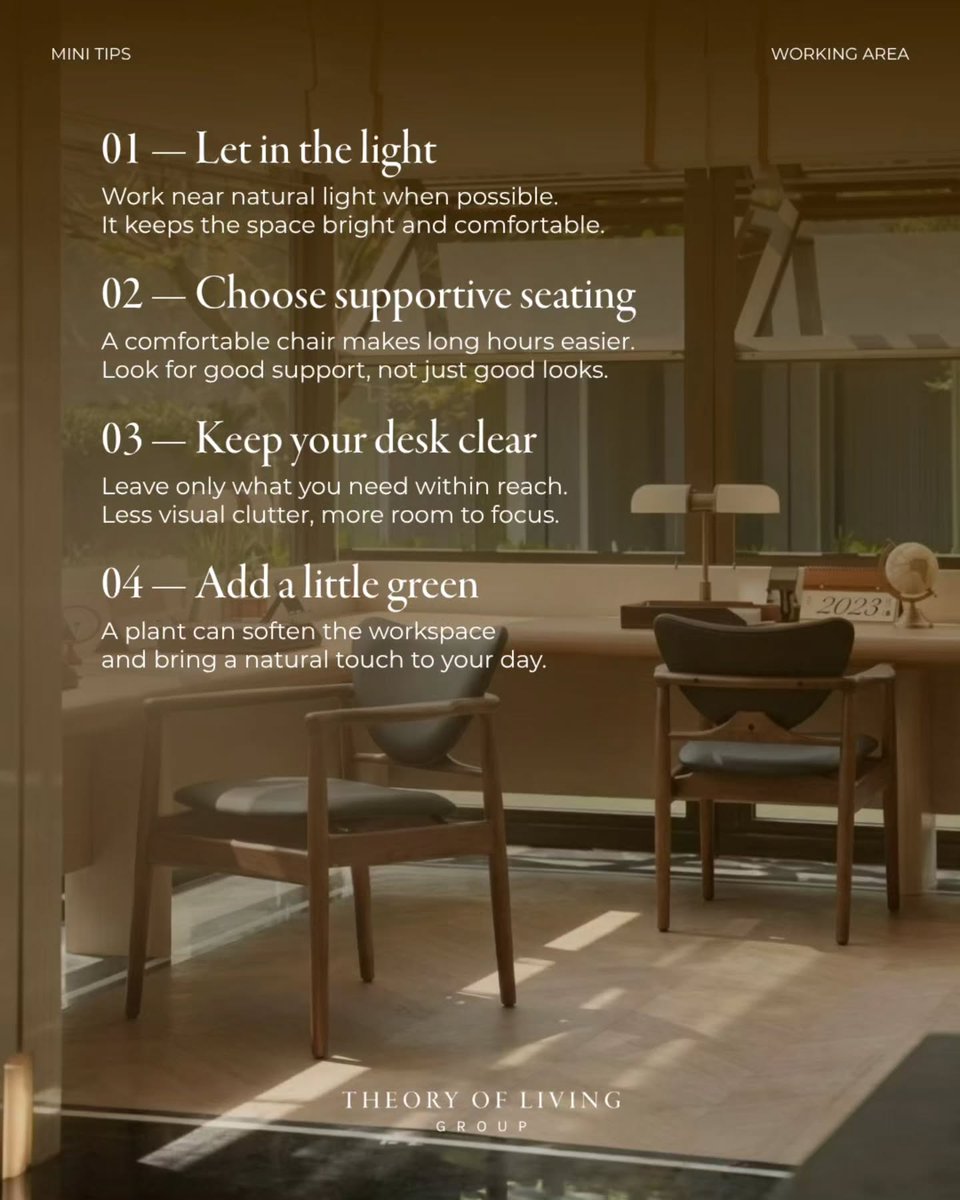 RoxyLuciusva's tweet photo. A better workspace starts with the little things: good lighting, comfortable seating, a clear desk, and a touch of greenery. Visit Theory of Living at IDD, PIK 2, daily from 10 AM–10 PM, or call +62812-6020-6008. https://t.co/Ok1M1geUV5