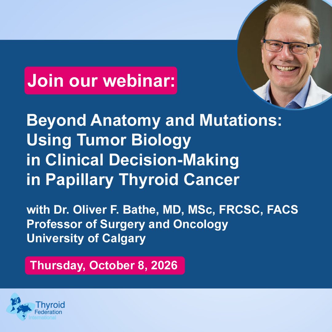ThyroidFed's tweet photo. Register and join our webinar with Dr. Oliver Bathe: "Beyond Anatomy and Mutations: Using Tumor Biology in Clinical Decision-Making in Papillary Thyroid Cancer", October 8, 14:00 CET Paris time, 13:00 (noon) UK, 8:00 AM New York time.
Register and join:
https://t.co/IwsrxmDq1z https://t.co/O02Lk9zeYf