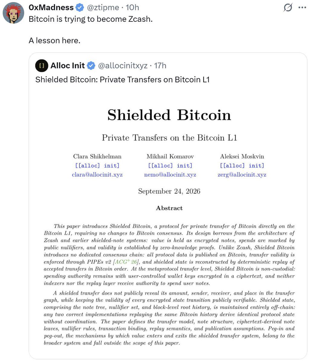BudhilVyas's tweet photo. btc trying to become zcash is probably the funniest trade setup

there’s now a proposal for shielded bitcoin using zero knowledge proofs and encrypted notes

if privacy becomes a bigger narrative again, dont sleep on zcash:native https://t.co/lng4Yt6O28
