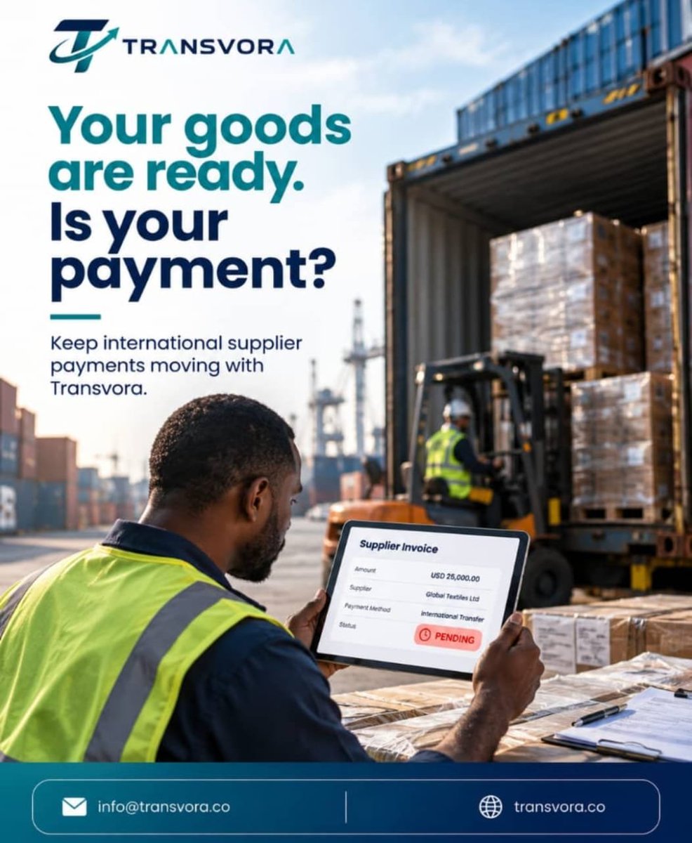 Transvora's tweet photo. Because when the goods are ready, payments shouldn’t be what holds your business back.

Keep business moving with Transvora.

#Transvora #SupplierPayments #CrossBorderPayments #InternationalTrade #GlobalPayments #BusinessPayments #fintech https://t.co/cEXWKZZkZz