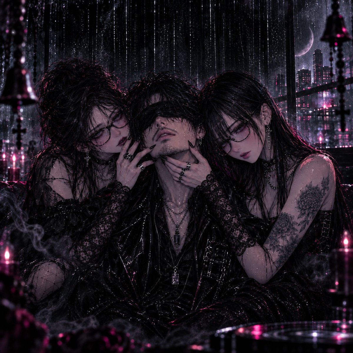 kuronodoukeshi's tweet photo. #Suno #オリジナル曲 #PUSSYCATs &amp; LAPDOG

見えないはずなのに、逃れられない。

触れる指先、重なる影、近づく吐息――

見ているのは誰？
見られているのは誰？

その視線に囚われたら、もう逃げられない――。

🎧『Eyes That Bind』
https://t.co/hms9Yuw1B1 https://t.co/lJw9g7mvQL