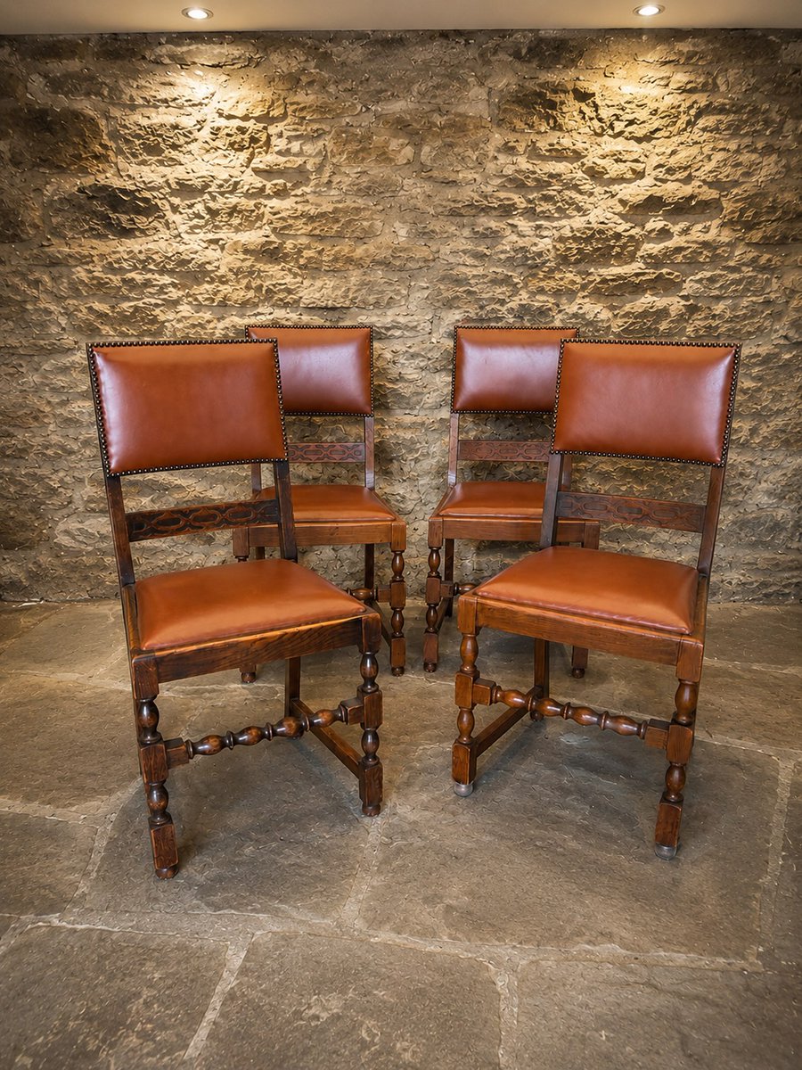 KaranVanmeter's tweet photo. A beautiful set of four antique oak dining chairs with decorative open backs, turned legs and warm tan leather upholstery. Richly aged, full of character and perfect for a farmhouse table or period interior. https://t.co/U7nHqGDWzY
