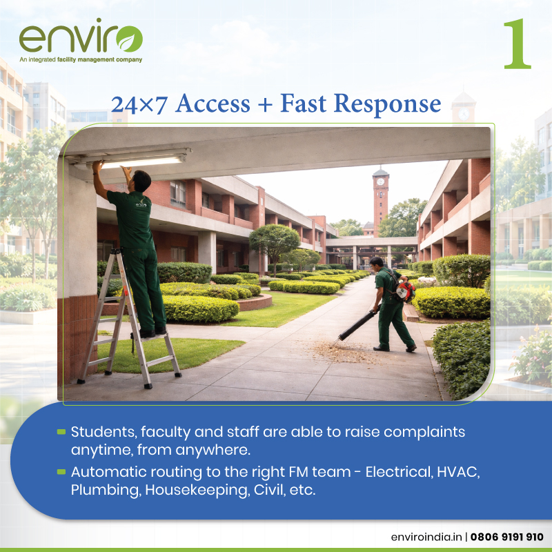 enviro_india's tweet photo. 24x7 #ComplaintManagement for #Universities — fast response, full visibility, and data-driven #PreventiveMaintenance. That's #Enviro.
#ComplaintManagementSystem #CSC #ClientServiceCell #CampusManagement #CampusOperations #University #Education #IFMS #FacilityManagement https://t.co/s0gLEmsjZs