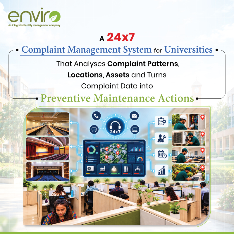 enviro_india's tweet photo. 24x7 #ComplaintManagement for #Universities — fast response, full visibility, and data-driven #PreventiveMaintenance. That's #Enviro.
#ComplaintManagementSystem #CSC #ClientServiceCell #CampusManagement #CampusOperations #University #Education #IFMS #FacilityManagement https://t.co/s0gLEmsjZs