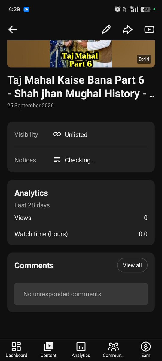 MdFaizz01's tweet photo. @YouTubeCreators @TeamYouTube 

@TeamYouTube My video "Taj Mahal Part 6" (25 Sept) stuck on "Checks are still running" for 12+ hrs. Face/voice mine, bg fort is YouTube Dream Screen AI. Part 1-5 cleared in mins. Re-uploaded, same issue. Unlisted now. Please manually clear. 🙏 https://t.co/9t34CRZ0M7