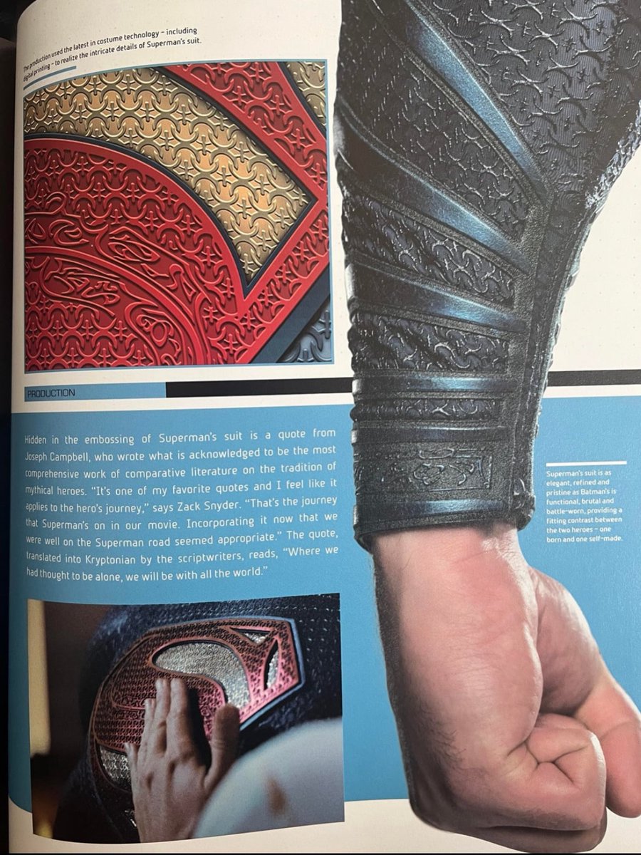 HallOfSV's tweet photo. Zack Snyder put a Joseph Campbell quote in Kryptonian script on Superman’s suit:

“Where we had thought to stand alone, we will be with all the world.” https://t.co/U1vUZ4BfwY