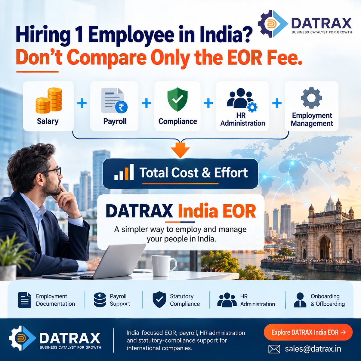 DatraxLtd's tweet photo. Hiring in India? Don't compare EOR only by its fee.
Also consider payroll, compliance, HR administration and the cost of managing employment locally.
DATRAX helps international companies employ and manage people in India.
DATRAX India EOR
#EORIndia #IndiaHiring https://t.co/WHVGLMIQgJ