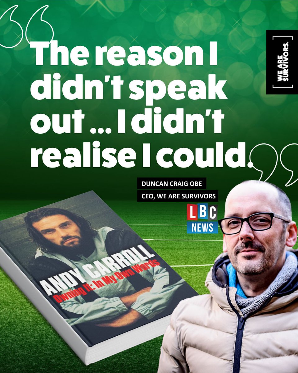 ThisIsSurvivors's tweet photo. Andy Carroll’s decision to share his experience in his latest book is a powerful and courageous step.

Speaking with both LBC and ITV, our CEO, Duncan Craig OBE, reflected on the significance of Andy’s disclosure and the impact it may have on other male survivors.

When someone in the public eye chooses to speak openly about their experience, it can help others feel less alone, recognise parts of their own story, and see that support is available.

Every male survivor’s journey is personal. No one should ever feel pressured to speak before they’re ready, we encourage people to reach out for support when they need it.

You can watch the full interviews here: 
ITV -  https://t.co/Tl5MhTWOXx
LBC - https://t.co/1jlGXzLXl1