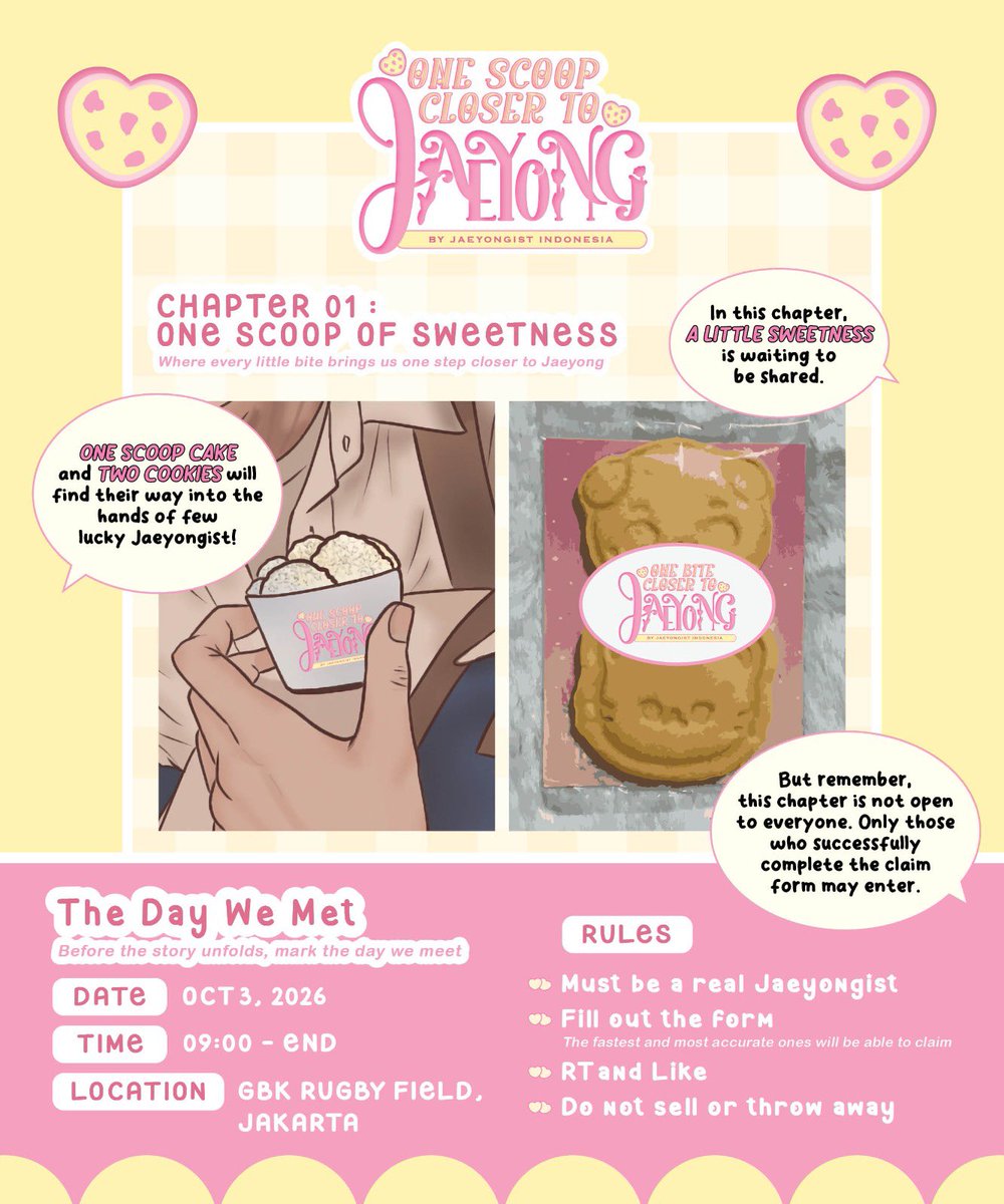 tjlichil's tweet photo. One Scoop Closer To Jaeyong 𐙚🧁₊ ⊹

Our little bakery is ready to serve you some sweetness!

📅 Oct 3, 2026
⏰ 09:00 - end
📍 GBK Rugby Field

🎟️ Free Ticket War
Sep 27 • 19:00 WIB
https://t.co/Cg4aXwNgdl

#OneScoopCloserToJaeyong https://t.co/8Qq48Ei9i2