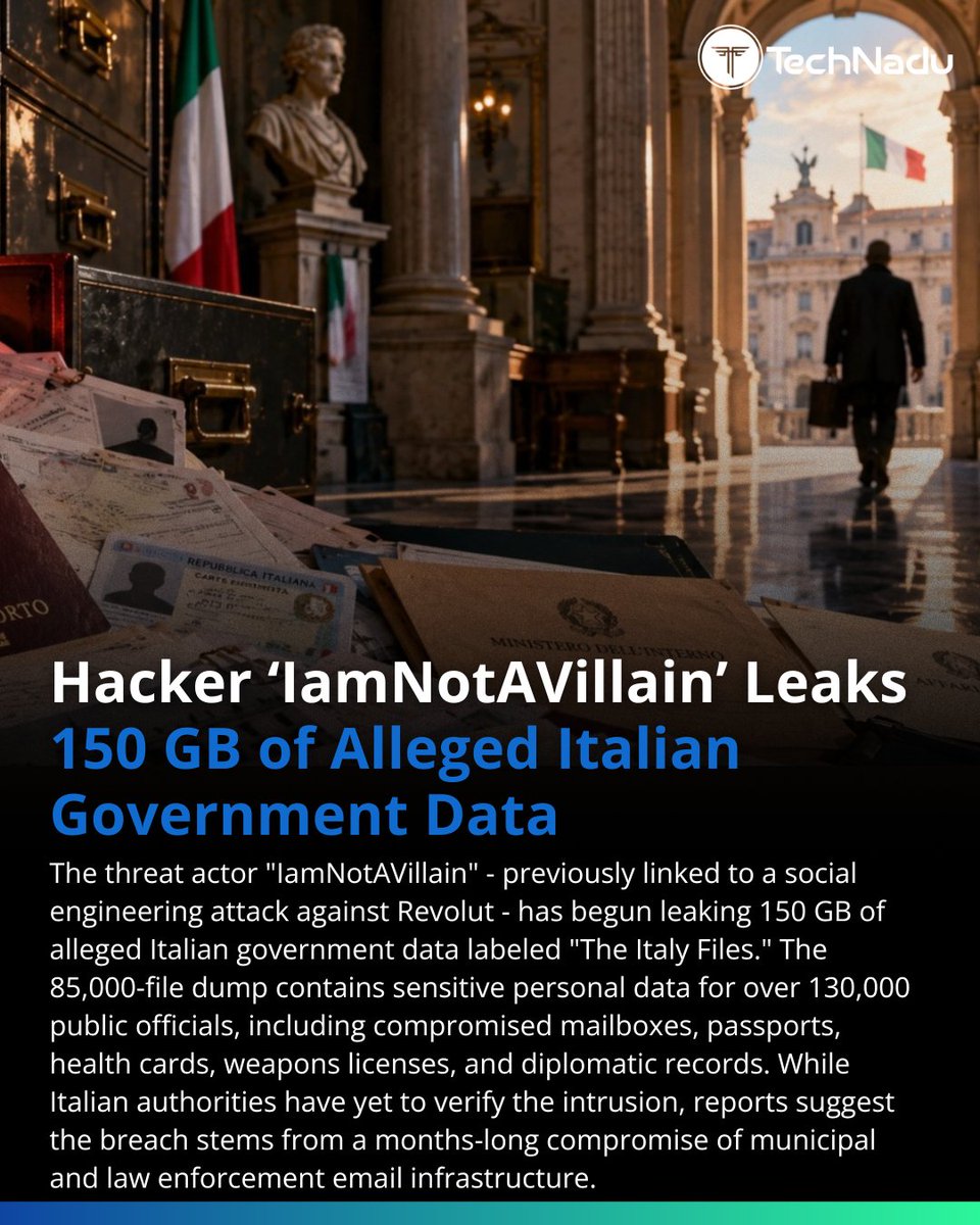 TechNadu's tweet photo. A hacker is publishing βThe Italy Files,β allegedly 150 GB of data from Italian government-related systems covering 130,000+ officials.
Passports and diplomatic records are reportedly included, but the claims remain unverified.
#TechNaduSecurityDesk #ThreatIntelWatch https://t.co/hPXg9n0945